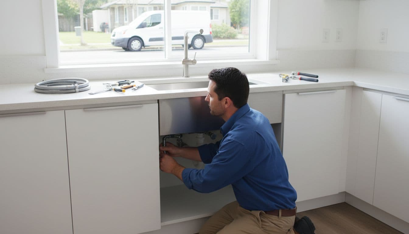 A plumber works on a sink in a modern kitchen with tools on the counter and a local business van visible outside the window, captured in bright natural light in a realistic photo style featuring exactly one person.