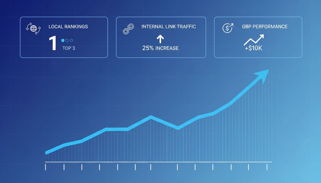 Clean modern illustration of an analytics dashboard displaying local rankings, traffic from internal links, and GBP performance for a service business. Features one high-contrast graph showing an upward trend in a simple professional style with no text or people.