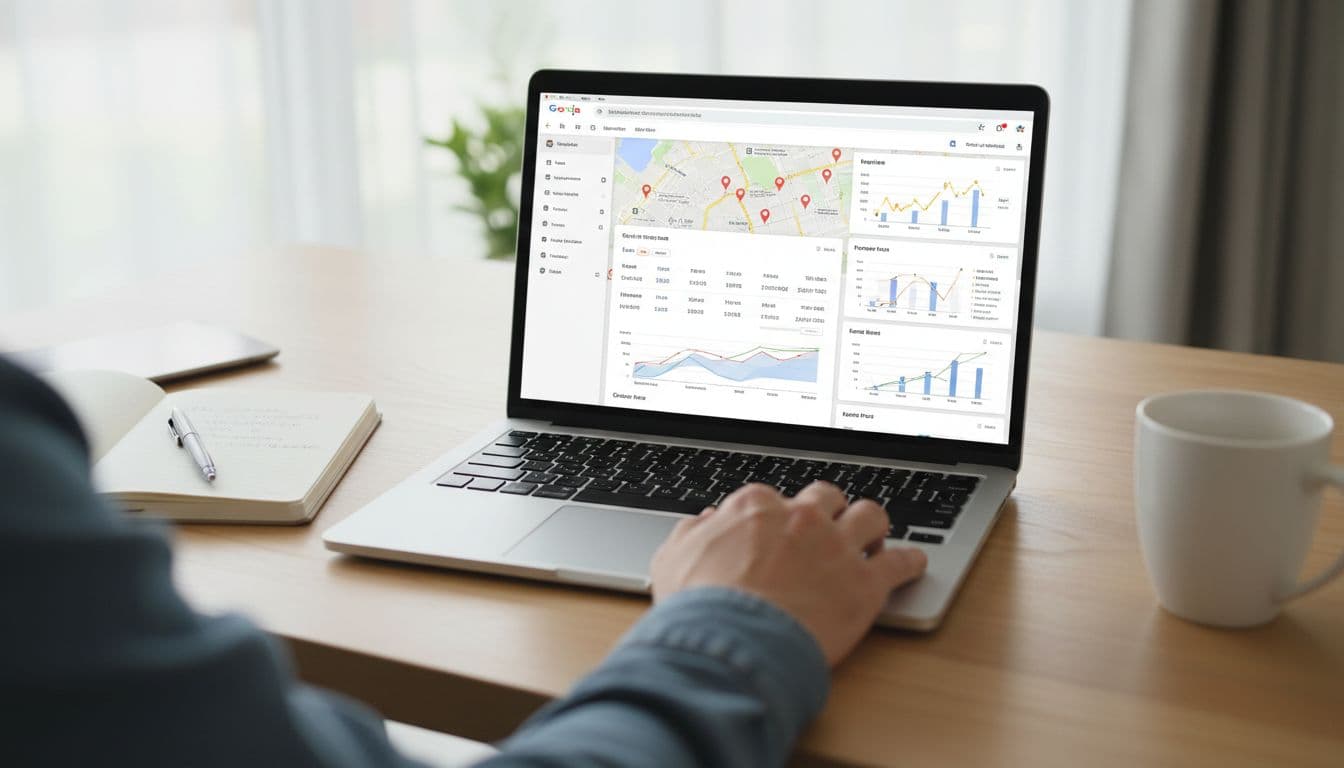 Service business owner examines competitor local SEO rankings on laptop displaying Google map pack and analytics dashboard in modern home office with notebook and coffee mug.