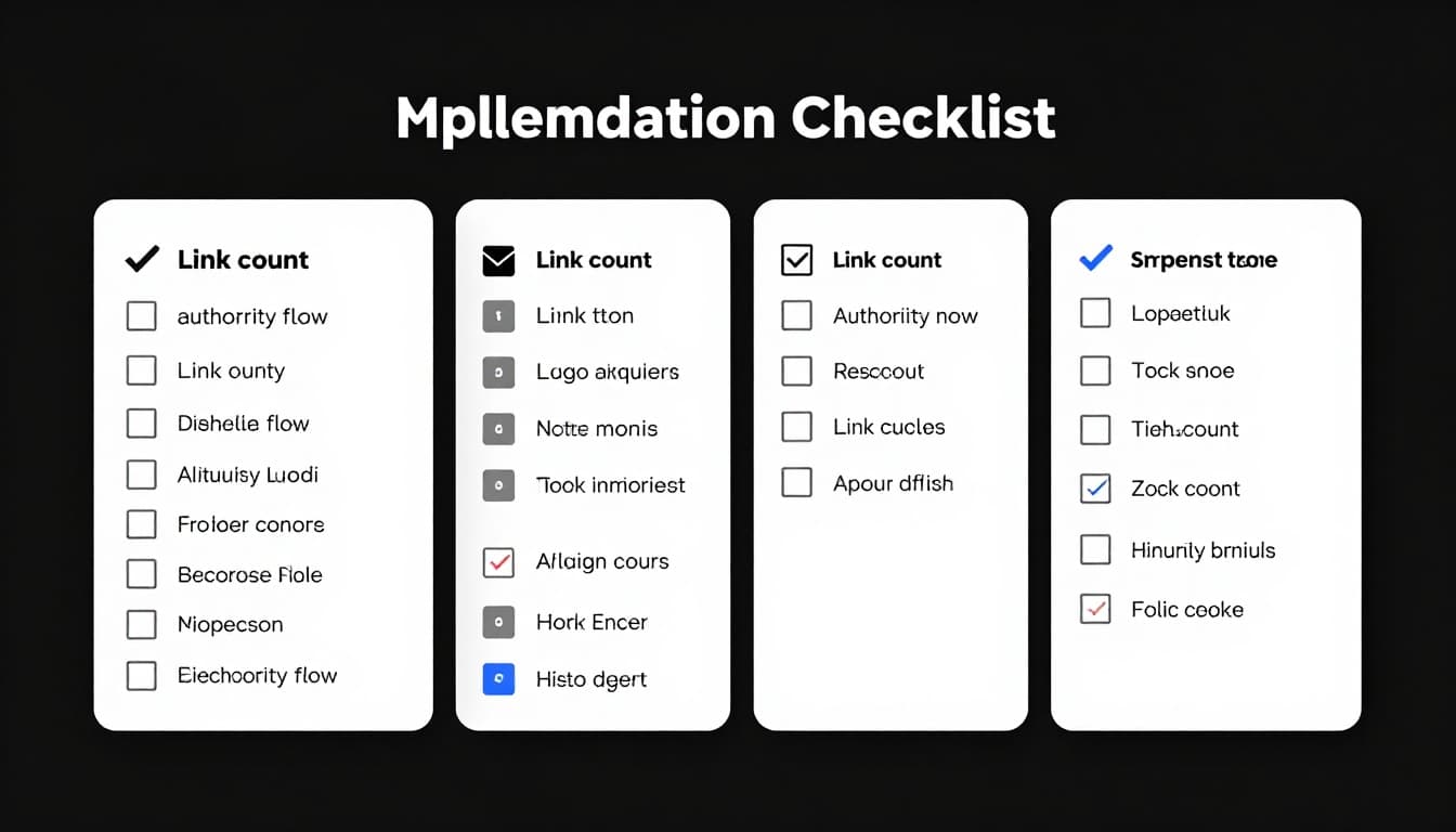 Clean modern high-contrast illustration of exactly five connected checklist icons for local SEO internal linking audit metrics like link count and authority flow, professional and blog-friendly with no text or people.