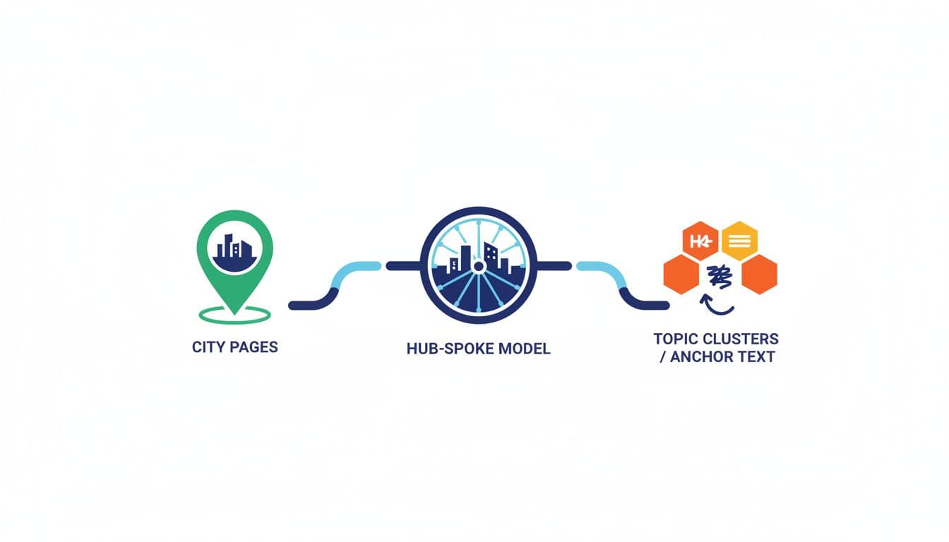 Clean modern illustration of three icons depicting key local SEO internal linking principles: hub-spoke model, city pages linking to services, and topic clusters, connected by lines in high-contrast professional style with simple educational composition, no text, no people, no extra elements.