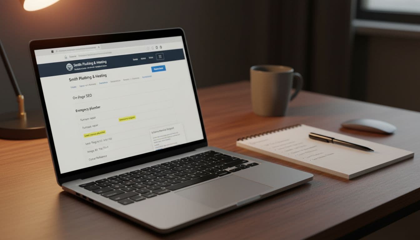 Professional desk setup with laptop displaying blurred website audit tool for local SEO, showing keyword highlights and schema snippet, beside open notebook with on-page checklist. Photorealistic angled composition with warm ambient lighting, no people or readable text.