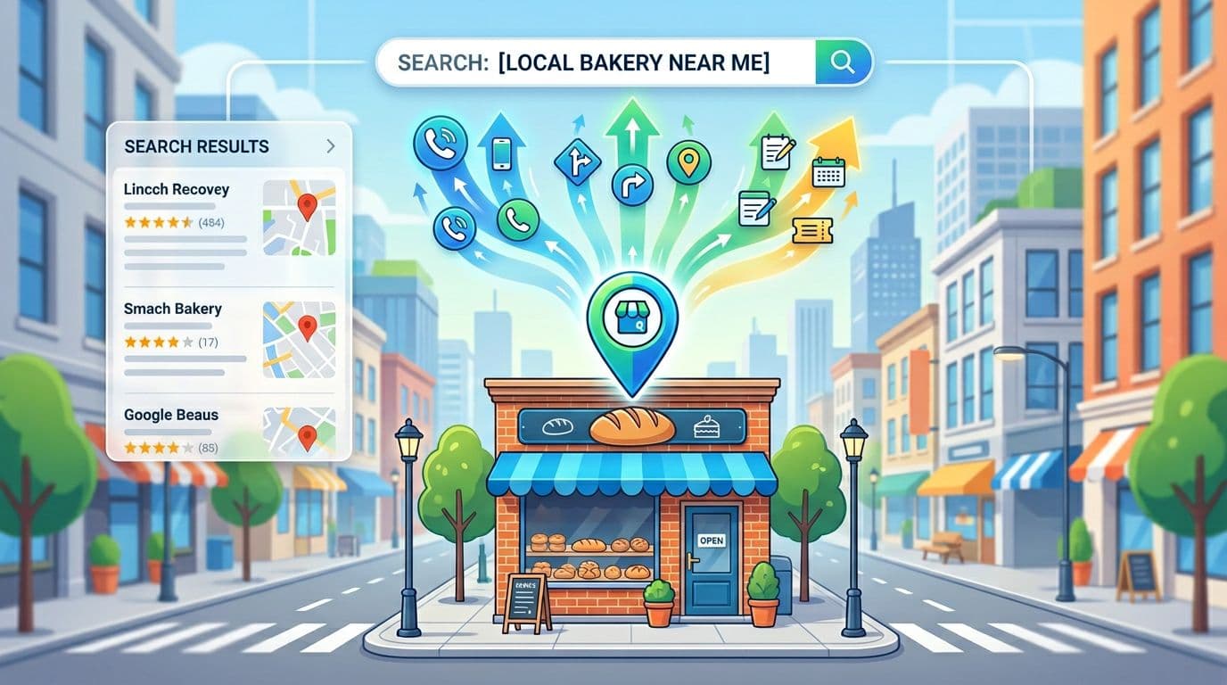 Illustration of a city street storefront highlighted by a glowing map pin, with upward arrows showing phone calls, directions, and bookings from a search bar in an urban background.