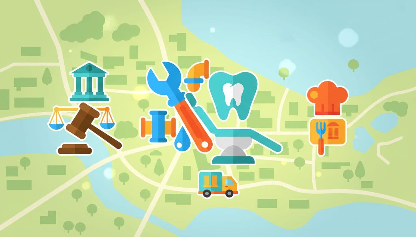 Flat icons of plumbing tools, dental chair, and legal gavel on city map background.