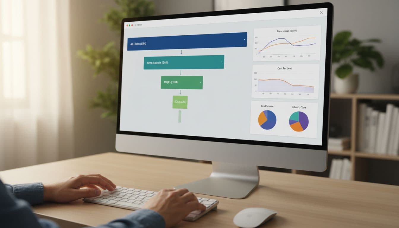 Desktop screen displaying Looker Studio funnel visualization with horizontal bars tracking ad clicks to form submits (GA4), MQLs, and SQLs (CRM), alongside blended data charts. Modern desk setup includes keyboard, mouse, and one person's relaxed hands under soft lighting.