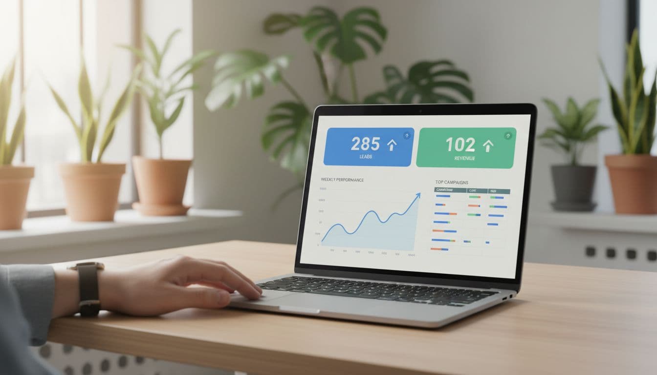 Laptop on a modern desk displaying Looker Studio overview page with large KPI tiles for leads and revenue, trend line chart for weekly performance, and top campaigns table in a relaxed office setting with plants and warm daylight lighting.