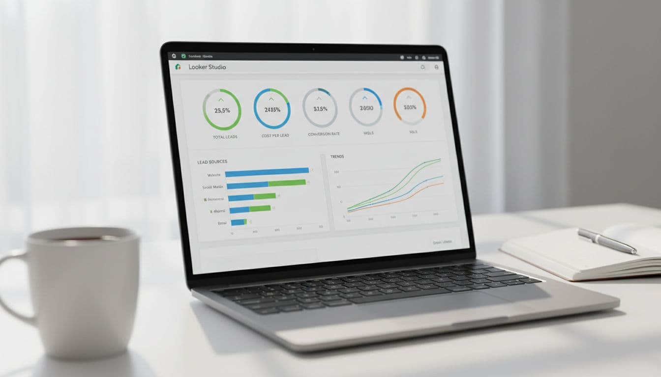 Close-up laptop screen in a bright workspace showing Looker Studio dashboard with KPI scorecards for total leads, cost per lead, conversion rate, MQLs, SQLs, bar chart for lead sources, and line chart trends; coffee mug and notebook nearby.