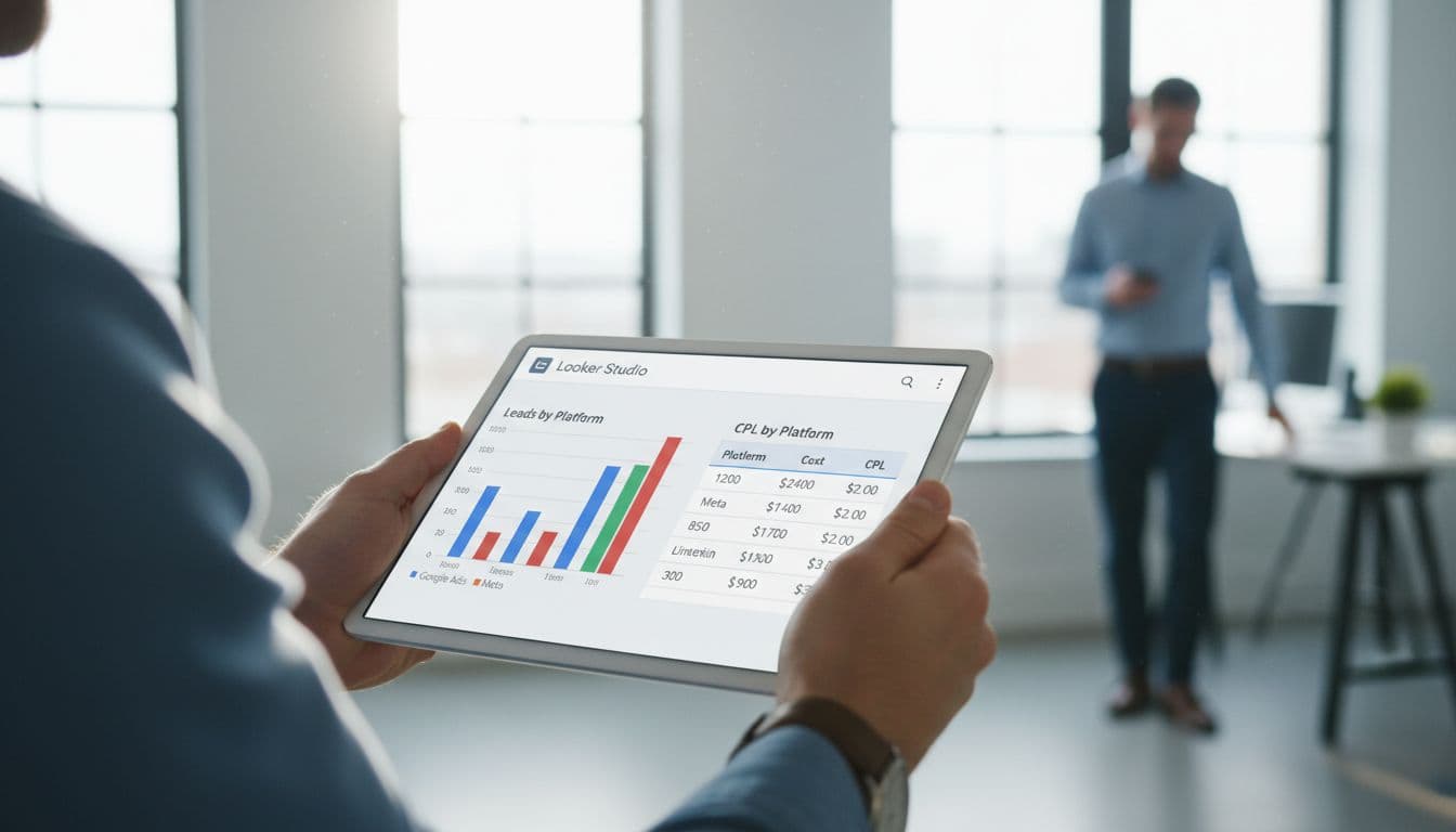 A single marketer in business casual holds a tablet displaying Looker Studio charts: a stacked bar graph for leads from Google Ads, Meta, and LinkedIn, plus a performance table with CPL by platform, set against a blurred office background with natural light.