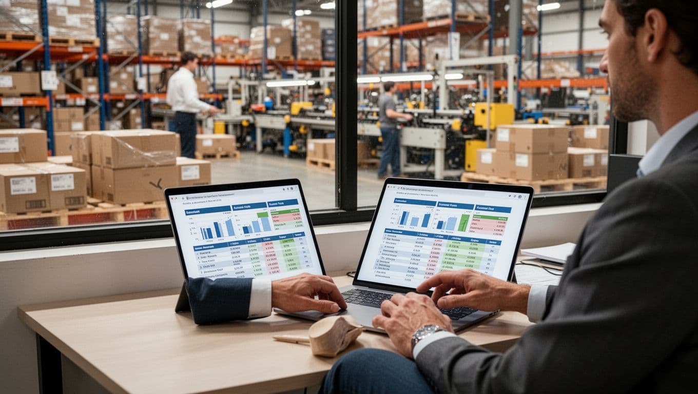 Photorealistic image of a manufacturer executive in a warehouse office reviewing cost comparison charts on a laptop, with efficient packaging operations visible through the window.