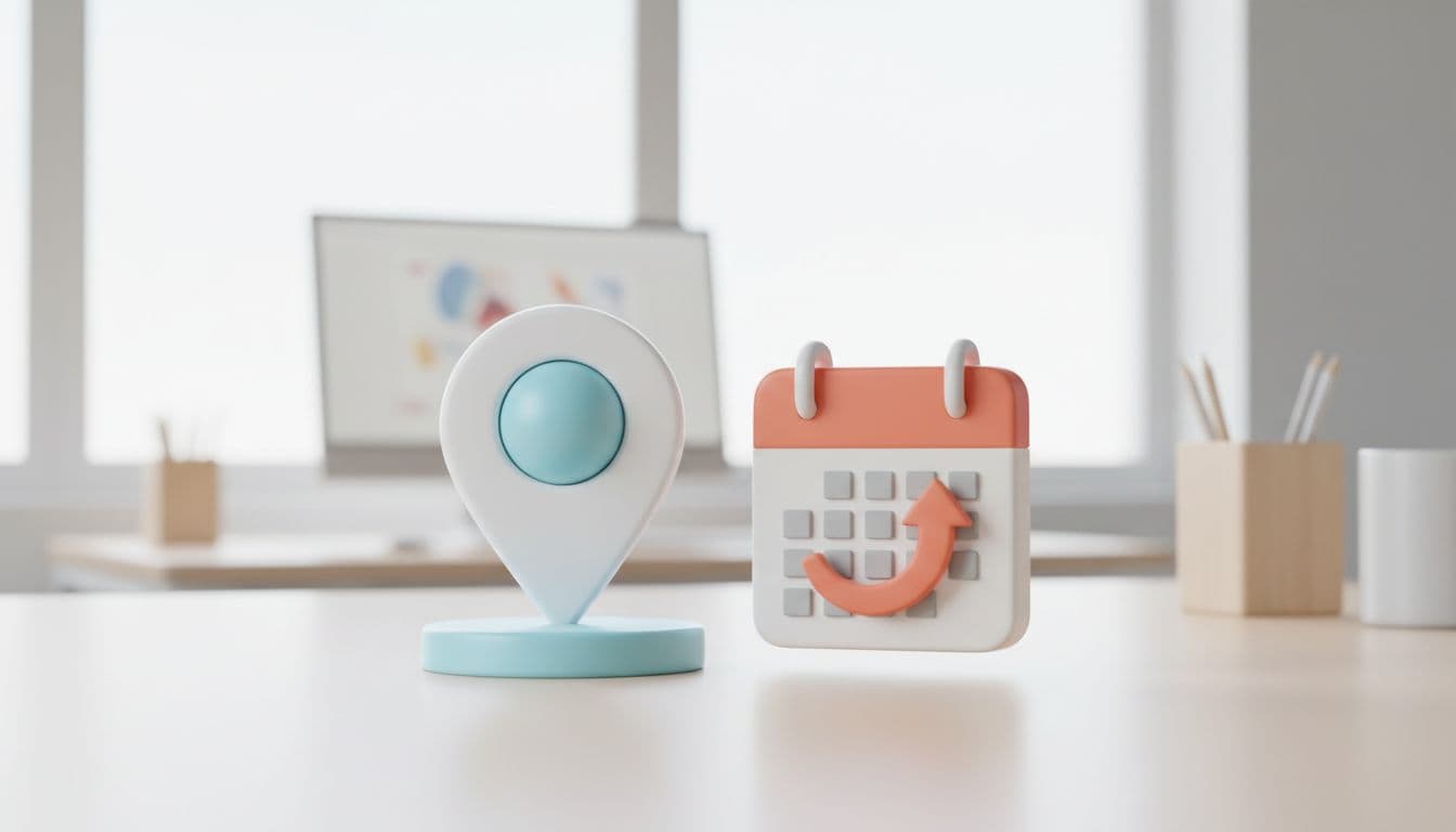 A 3D map marker icon and a calendar icon rest on a clean, professional desk surface.