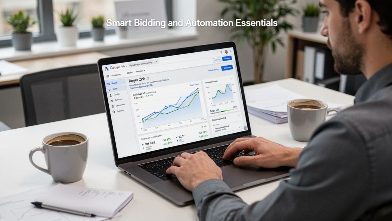 A professional marketer relaxes at a modern desk, adjusting smart bidding settings for target CPA on the Google Ads interface on a laptop, with graphs displaying optimized bids and conversions, coffee nearby, in a naturally lit office.