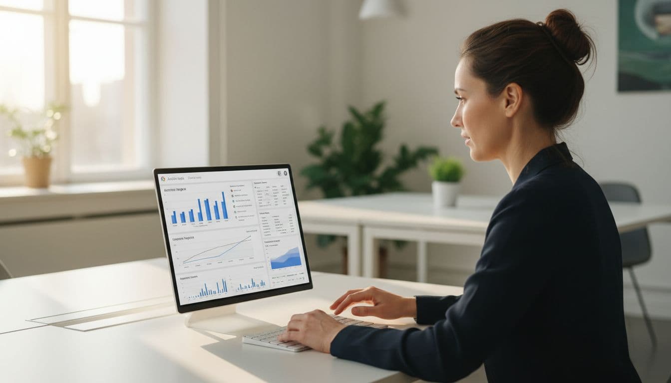 A professional marketer at a desk in a modern office analyzes competitor Google Ads campaigns on a laptop screen displaying auction insights and reports, with relaxed hands on the keyboard under natural daylight.