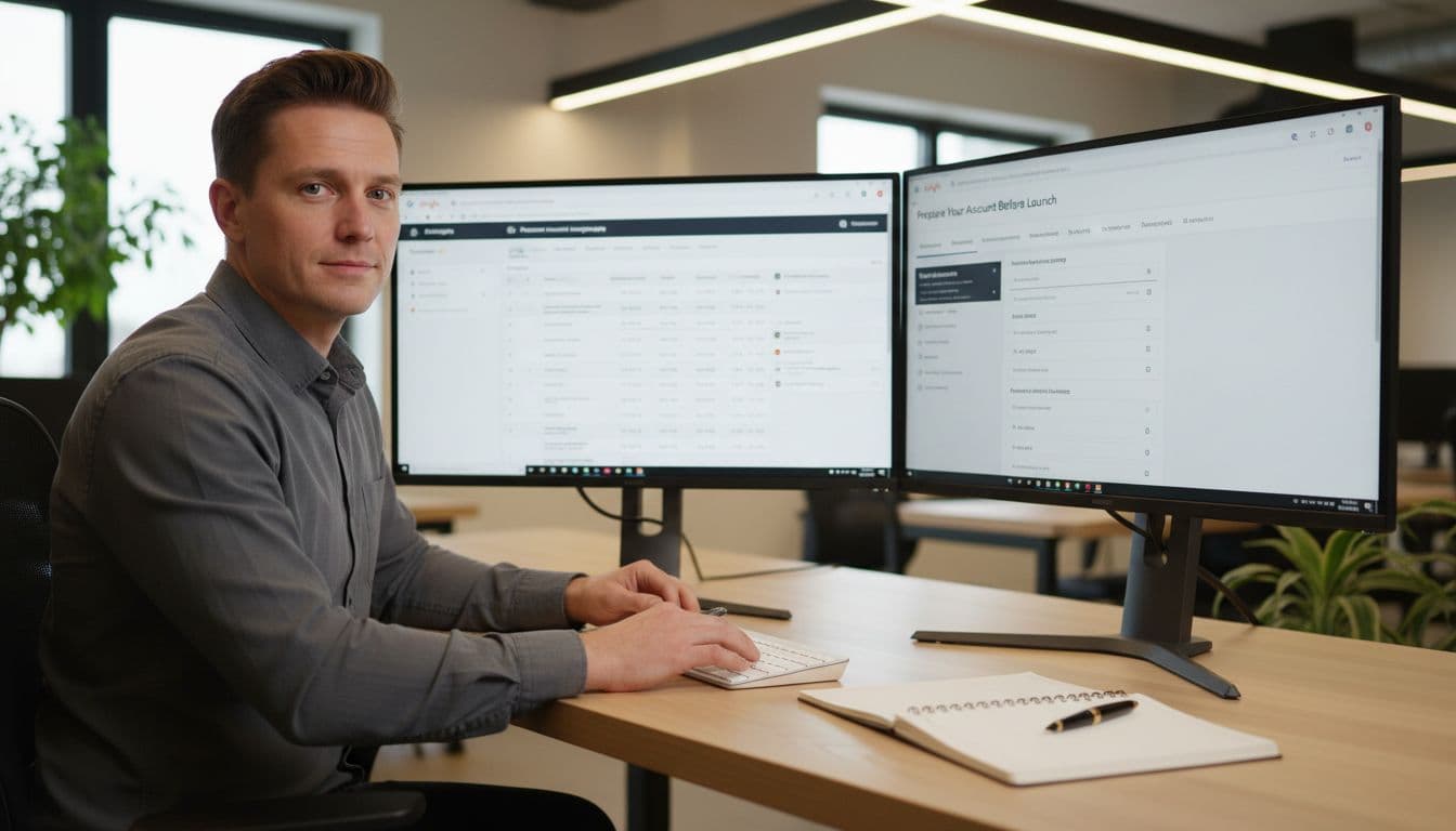 A professional marketer at a modern desk with dual monitors showing Google Ads Performance Max campaign setup screen, soft lighting, keyboard and notebook nearby.