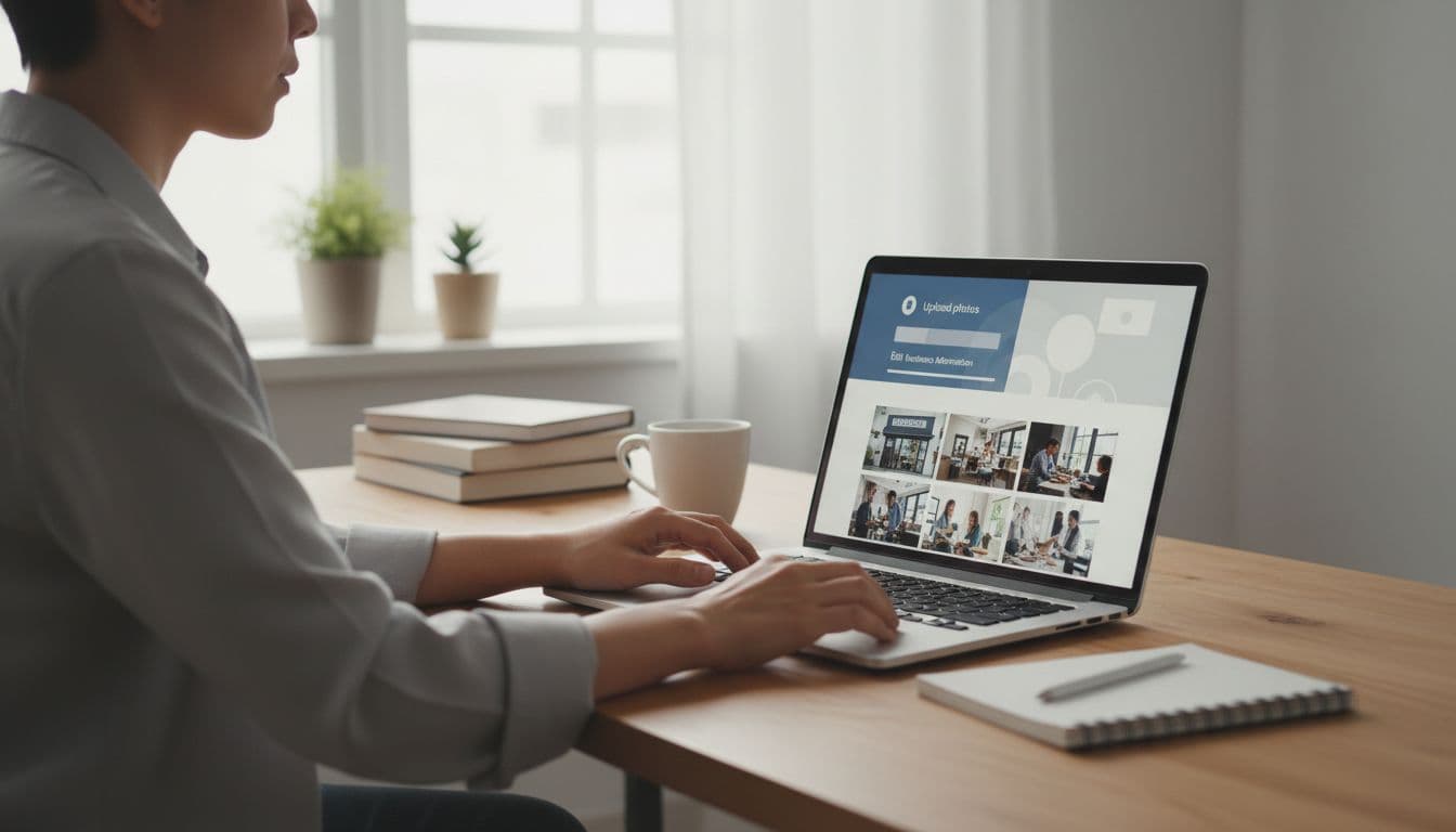 Focused marketer at organized professional home office desk edits and uploads high-quality business photos to Google Business Profile on laptop, with thumbnails of exterior, interior, and team shots visible, natural window light.