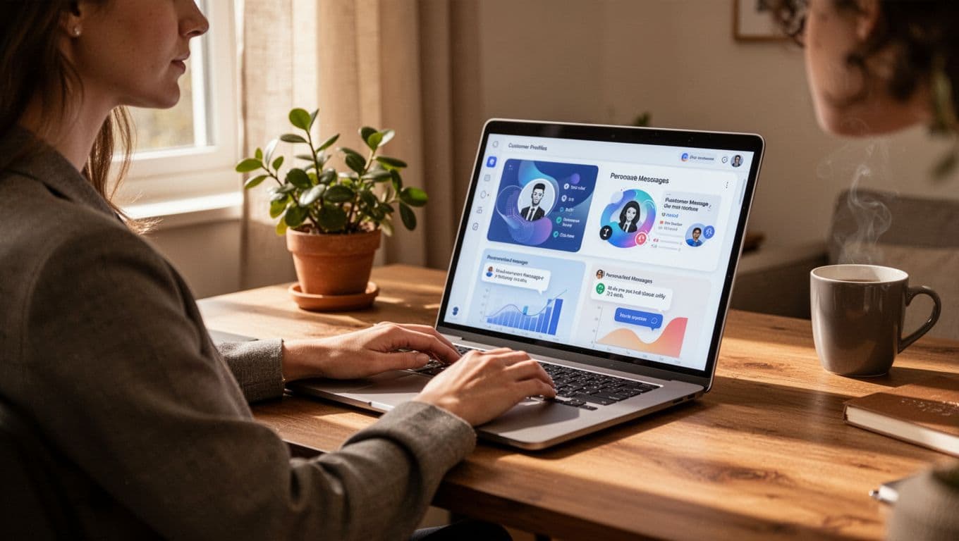 Marketer in cozy home office at computer with customer profile and message overlays.