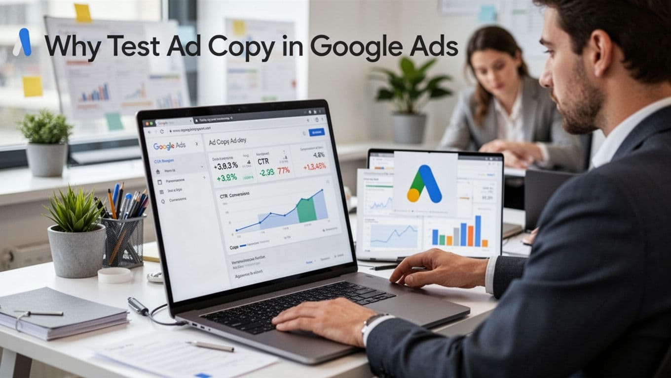 A professional marketer sits at a desk in a modern office, intently reviewing Google Ads performance data on a laptop screen, focusing on ad copy metrics like CTR and conversions with visible charts.