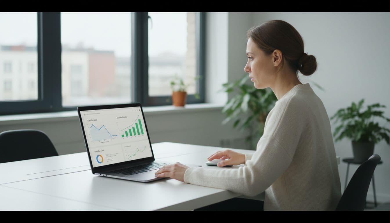 A single marketer seated at a modern desk in a bright office reviews a Google Ads dashboard on a laptop screen, showing charts with declining cost per lead and increasing qualified leads for a service business, in realistic photorealistic style with natural daylight.