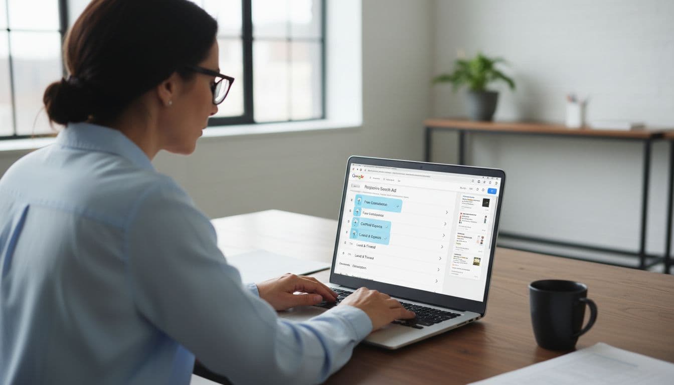 Over-the-shoulder view of marketer at desk viewing Google Ads Responsive Search Ad editor with pinned headlines highlighted on laptop.