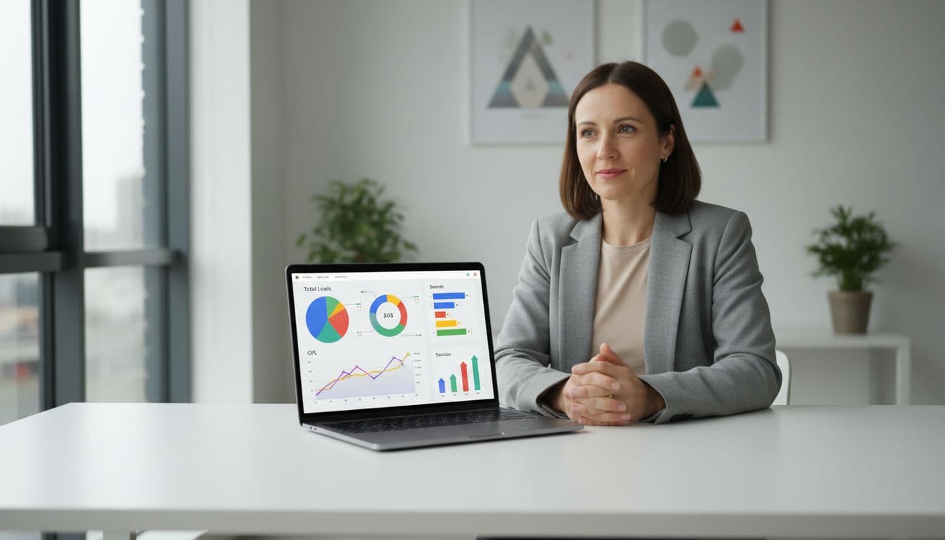 Professional marketer sitting relaxed at a modern desk with natural office window light, reviewing vibrant marketing dashboard on laptop displaying charts for lead metrics like total leads, CPL, and sources.