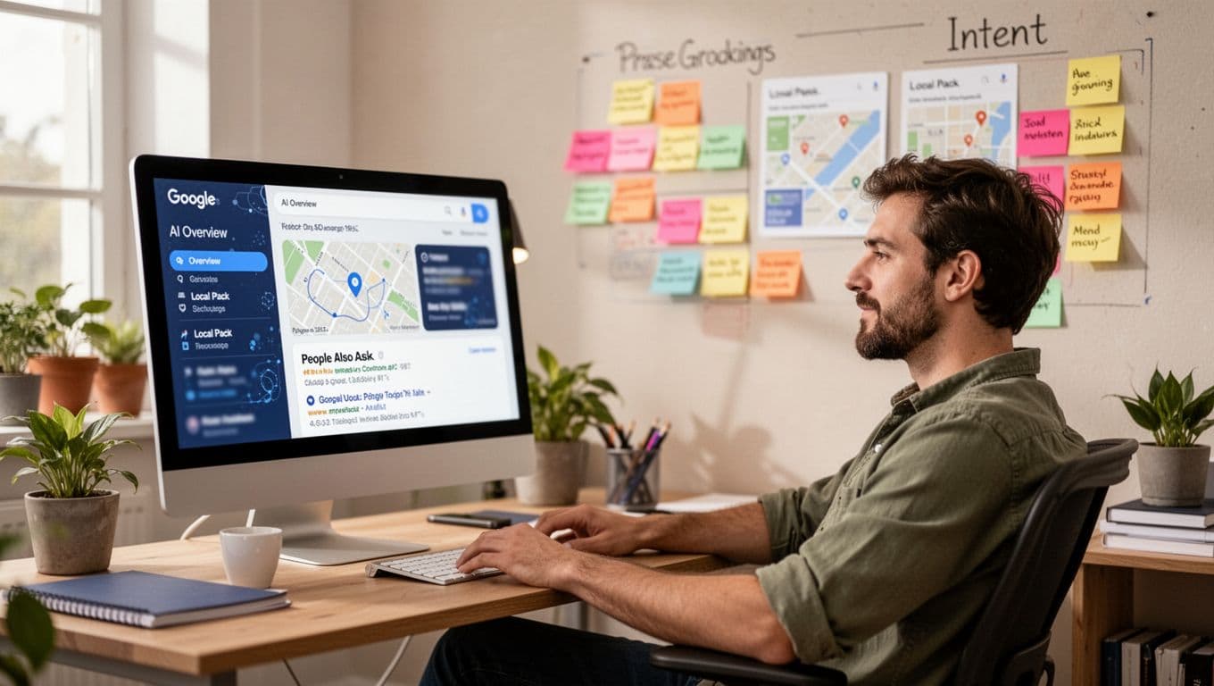 A single marketer in a home office relaxes while reviewing SERP results on a computer screen showing AI overview, people also ask, and blurred local pack, with sticky notes grouped by intent on the wall behind.