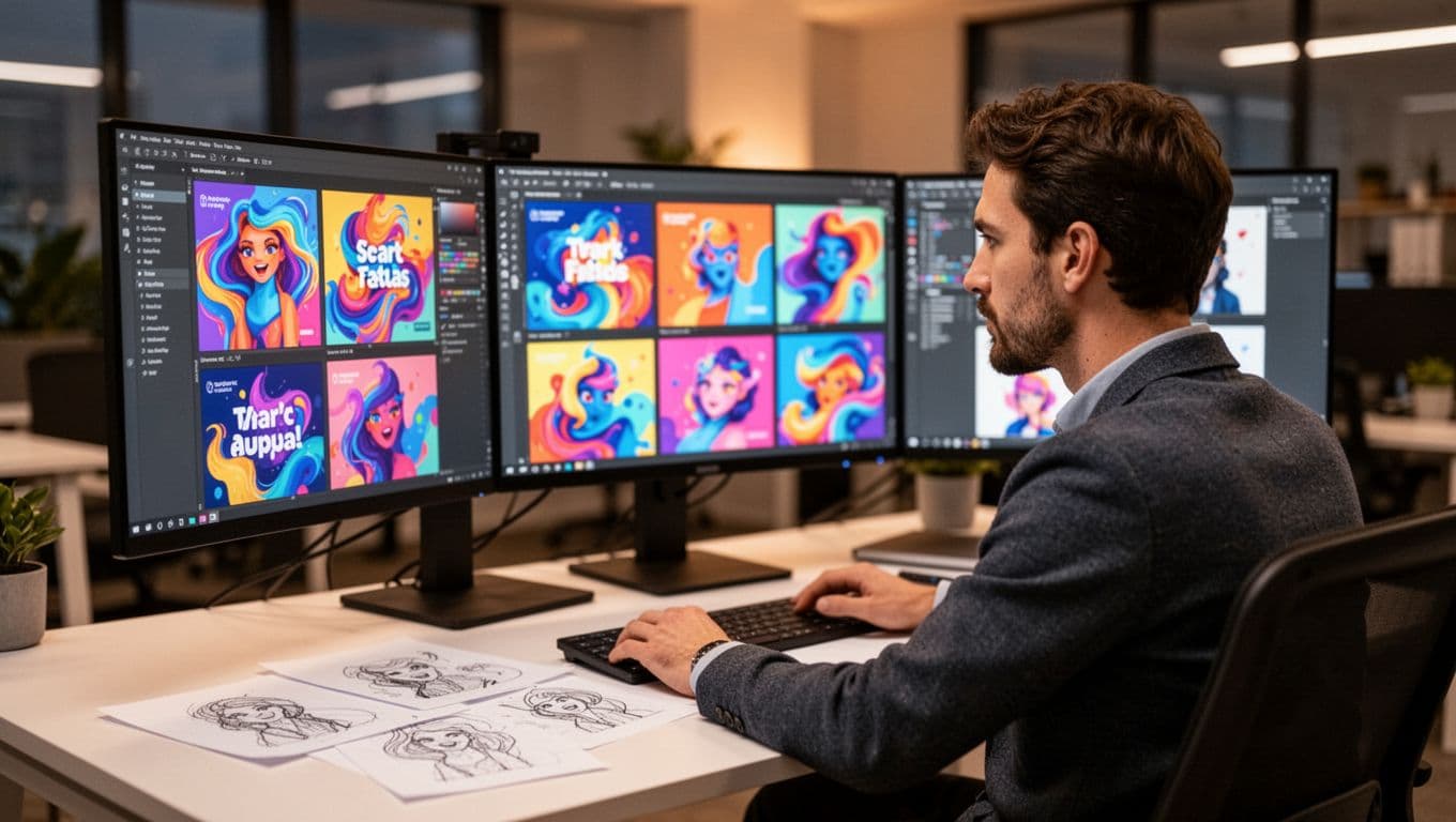 A focused marketer in a modern office reviews colorful ad variants on dual monitors, with sketches and notes scattered on the desk under warm ambient lighting in a photo-realistic digital marketing style.