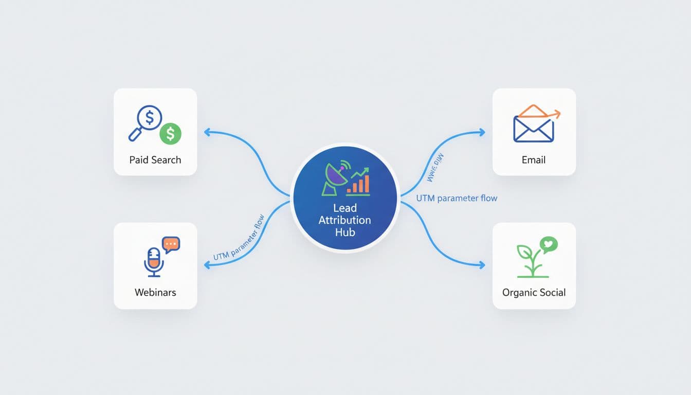 Icon grid of marketing channels like paid search, paid social, email, webinars, partnerships, and organic social, connected by UTM parameter flows to a central lead attribution hub in a clean SaaS dashboard style.
