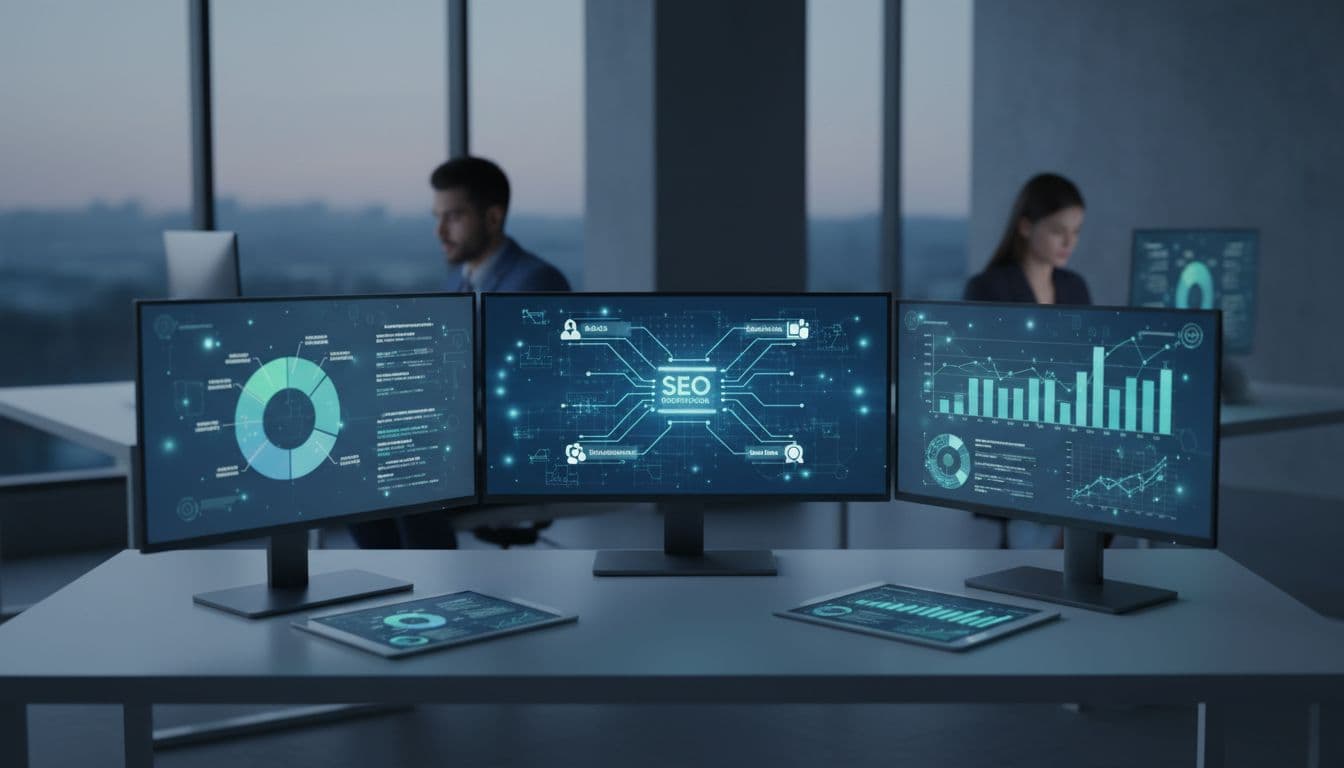 Multiple screens show Google Ads, SEO tools, and social media analytics in modern office; two blurred team members in background.