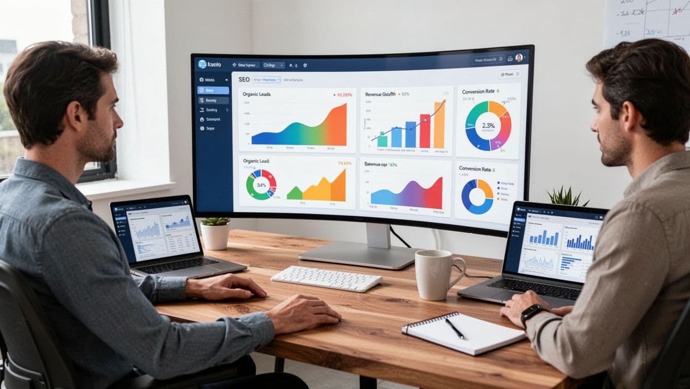 Photo-realistic image of a marketing professional at a modern wooden desk in a bright office, reviewing a digital dashboard on a curved monitor displaying SEO metrics like organic leads, revenue growth, and conversion rates.