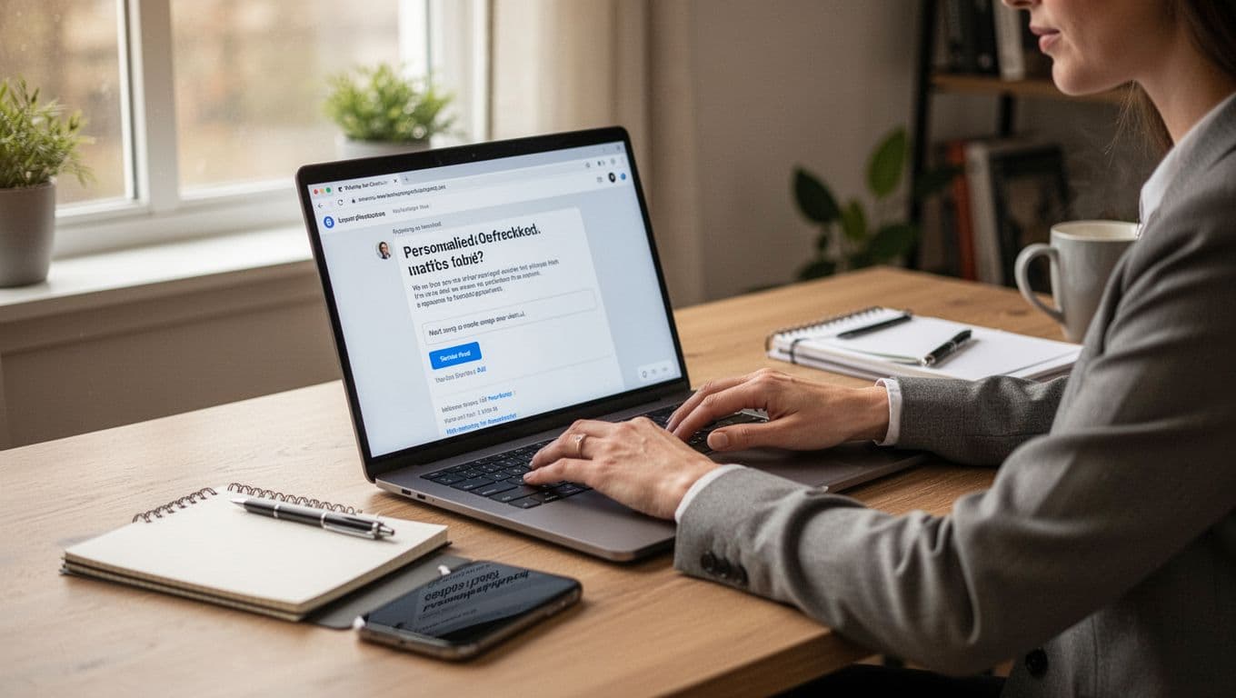 Photo-realistic image of a marketing professional in a home office composing a personalized outreach email on a laptop, with hands relaxed on the keyboard, notepad and smartphone on the desk, and soft daylight from the window. Exactly one person is present, screen angled with no readable text or logos visible, in a landscape composition focused on the workspace.