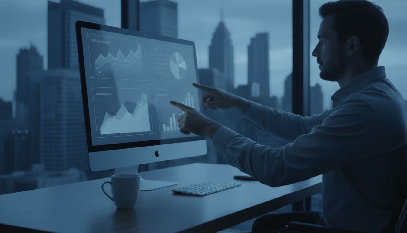 A marketing specialist reviews Google Ads asset performance charts on a computer dashboard, displaying CTR and conversion lift metrics, in a contemporary office with coffee mug, realistic digital art style with cool blue lighting.