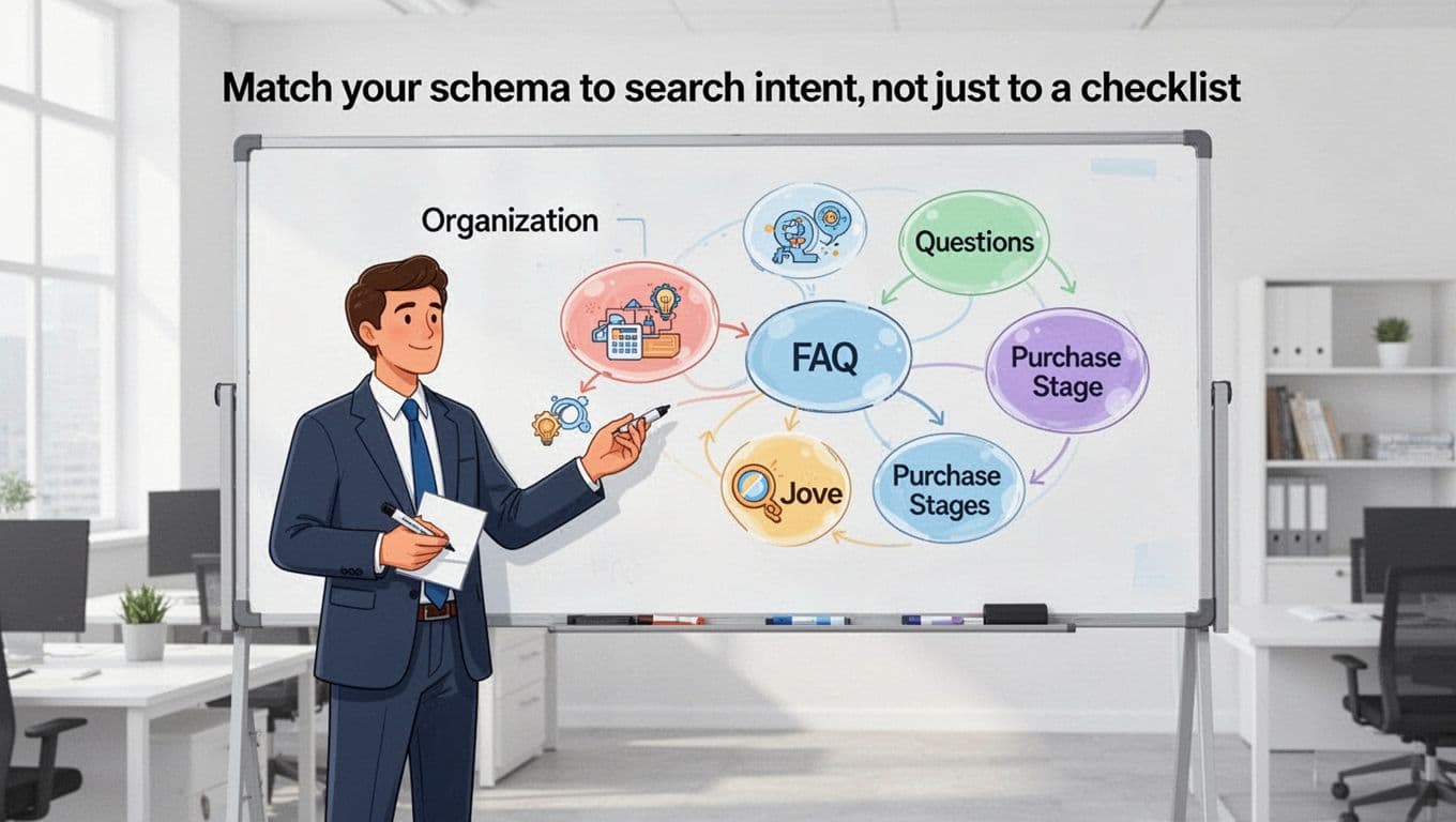 Business professional standing at whiteboard in simple office, matching schema icons like Organization and FAQ to buyer intent bubbles such as questions and purchase stages, one person with marker in relaxed pose, clean illustrative vector style with bright even lighting.