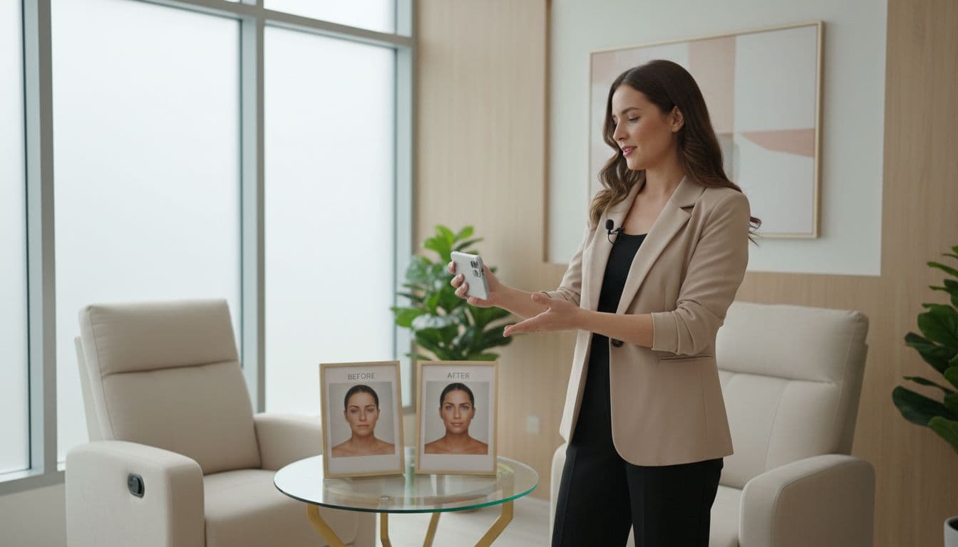 A med spa consultant films a short YouTube ad video on a smartphone, demonstrating a before-and-after client testimonial setup in a modern clinic room with soft lighting.