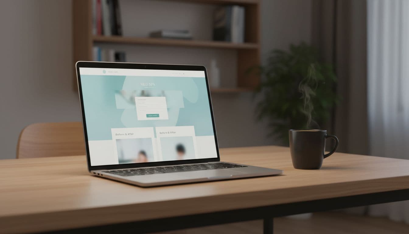 Realistic photograph of a single laptop on a modern desk in a cozy professional office, displaying a med spa service business landing page with implied contact form and before-after images. Soft overhead lighting illuminates the scene with a coffee mug nearby, screen angled slightly away with no readable text, no people or logos.