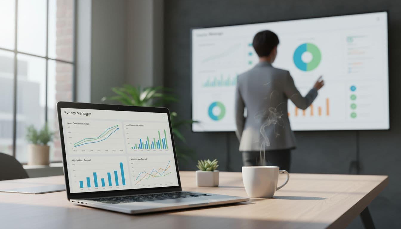 A modern office desk features a laptop displaying the Meta Events Manager dashboard with lead conversion graphs, a coffee mug nearby, natural daylight, and one person reviewing data in the background.