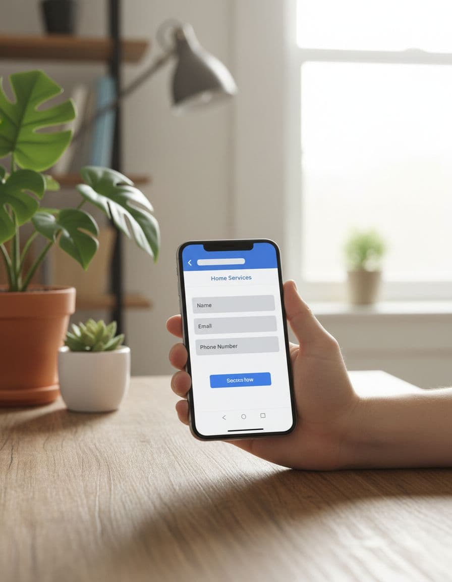 Smartphone held in hand showing minimal Meta Facebook lead ad form for home services in casual home office with plants and natural light, photorealistic.