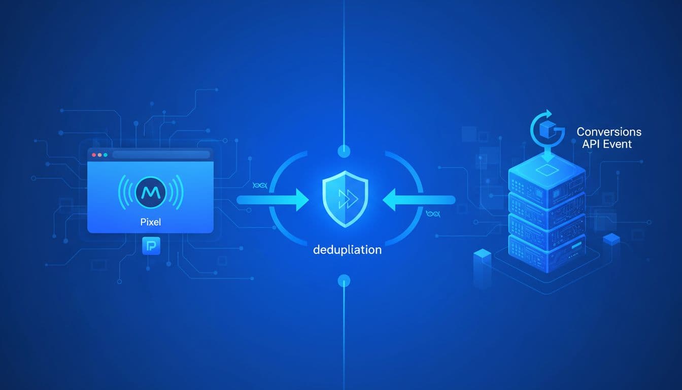 Split scene illustration: left side shows browser with Meta Pixel firing, right side depicts server sending Conversions API event, connected by arrows illustrating deduplication in abstract digital art style with blue tones and clean icons.
