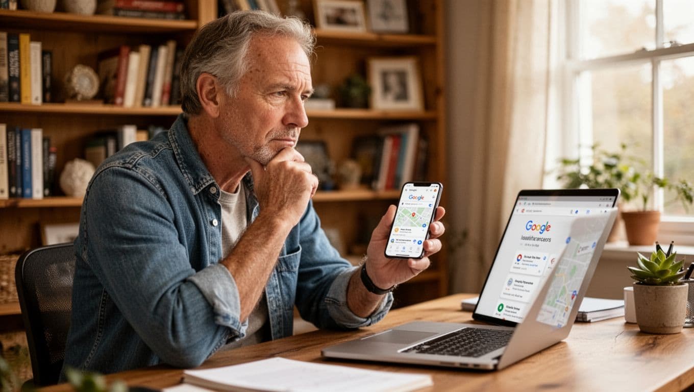 A middle-aged patient in casual clothes sits thoughtfully at a home desk, holding a smartphone to search for local healthcare providers on Google. Cozy home office with bookshelves and natural daylight from window, photo-realistic digital marketing image.