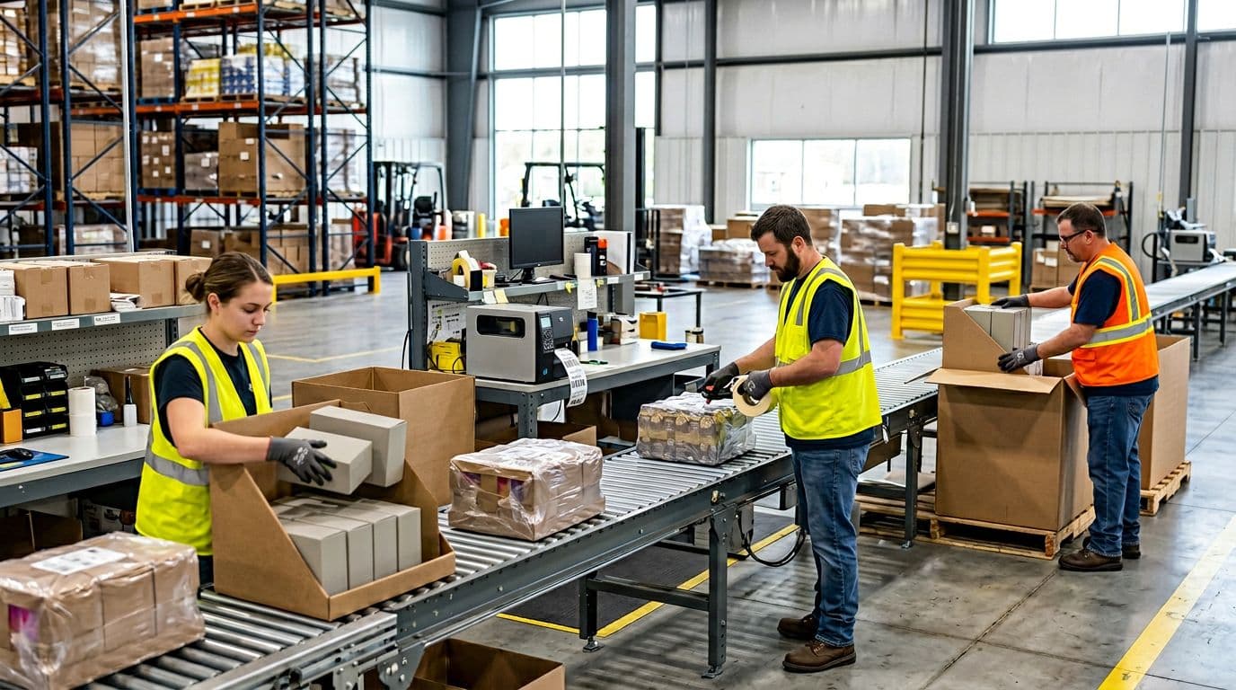 Photorealistic interior of a Midwest contract packaging warehouse with exactly three workers in safety gear performing kitting and labeling on retail-ready displays and multi-pack bundles along an organized assembly line, featuring barcoding equipment and bright natural lighting from large windows in a clean professional setting.