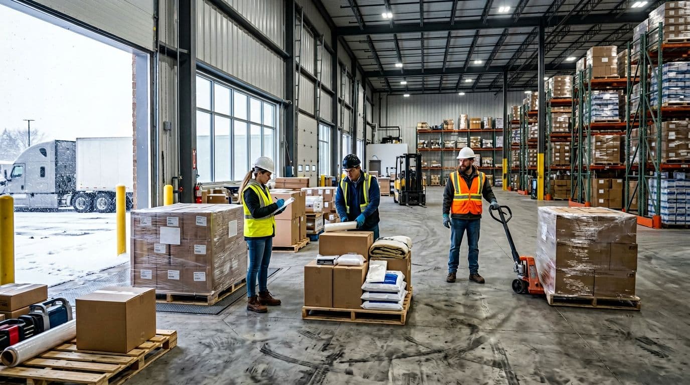 Photorealistic Midwest warehouse interior during winter prep shows a cross-trained team of three workers in safety gear staging pallets and kits near the loading dock, with snow visible through windows and organized buffer stock shelves.