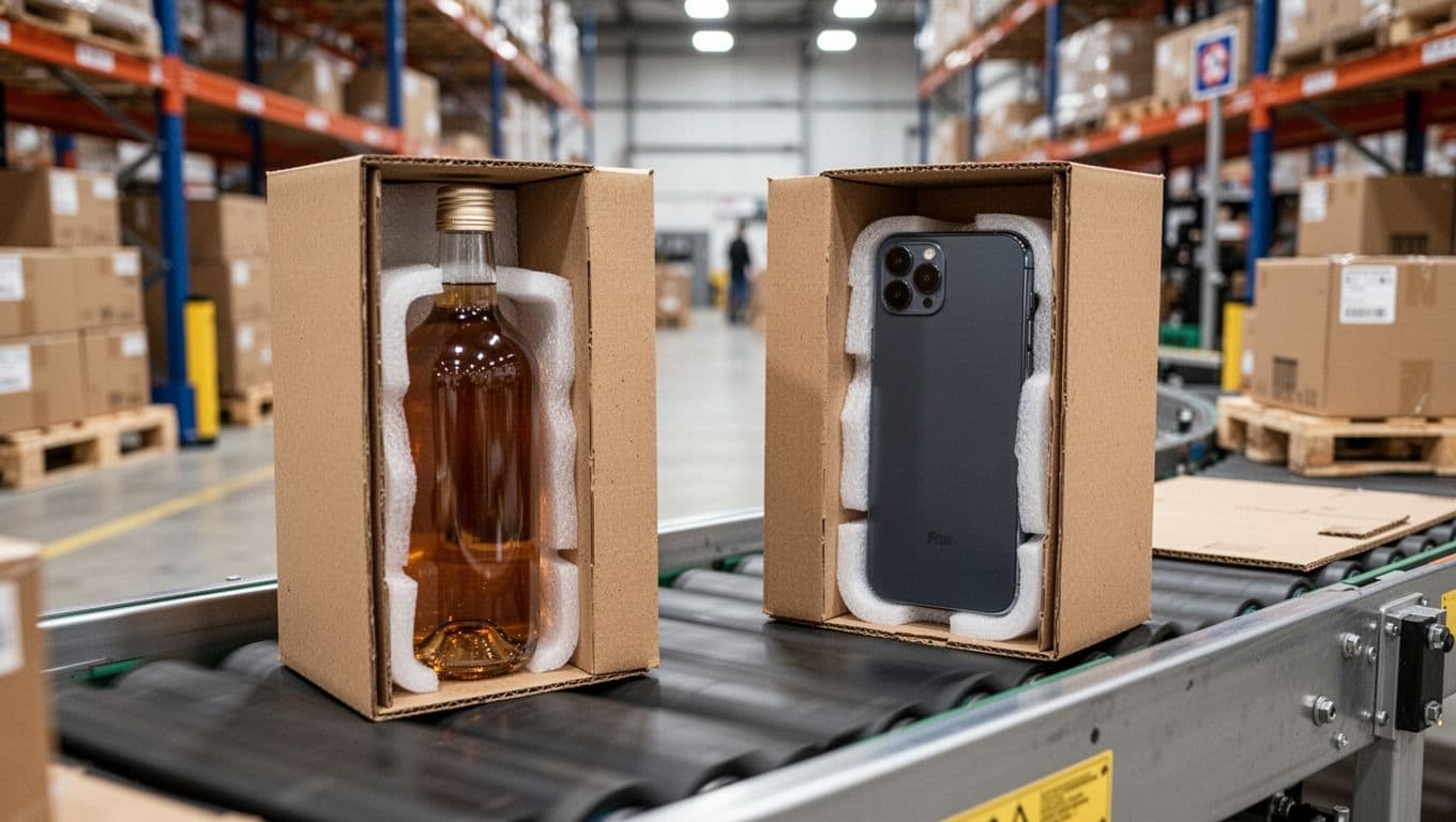 Snug nested boxes with thin protective layers safeguard fragile glass bottles and electronics on a shipping conveyor in a photorealistic industrial warehouse, bright even lighting, no people or text.
