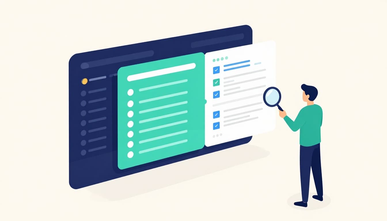Modern editorial clean tech infographic in hybrid minimalist 3D isometric style with crisp vector overlays, featuring a spreadsheet-like grid, score badges, abstract rubric panels, checklist icons, subtle magnifier, and a stylized marketer reviewing scores on white background with deep navy, teal, cobalt, and warm amber colors.