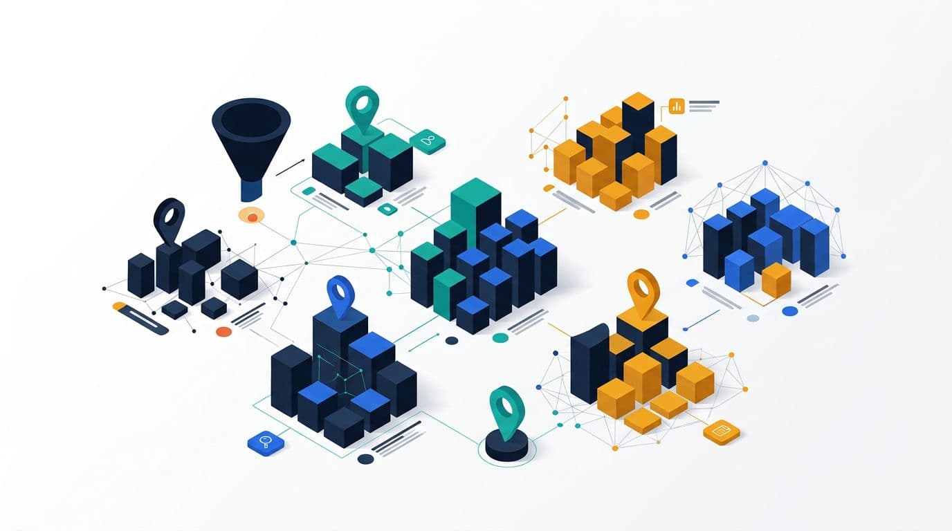 Clean editorial hybrid style minimalist 3D isometric tech infographic with keyword clouds grouped into intent clusters, funnel shapes, map pins, and subtle network graphs using navy, teal, cobalt, and amber colors on white background.