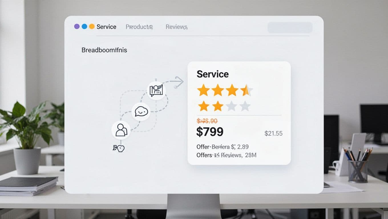 A simple navigation scene with breadcrumb trail icons leading to a service or product card displaying star review ratings, price indicator, and offer details on a desktop screen in a minimalist workspace.