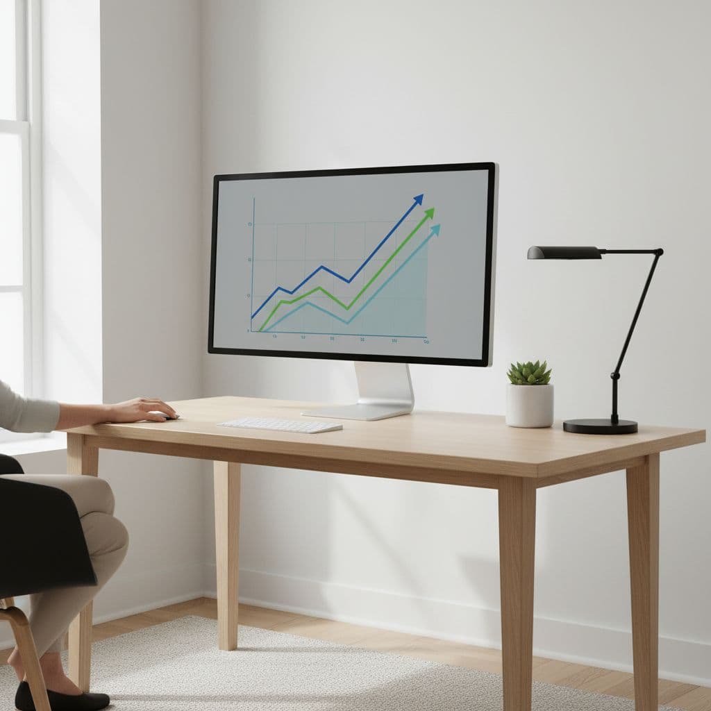A clean wooden desk features a computer monitor displaying business performance charts in a bright, sunlit room.
