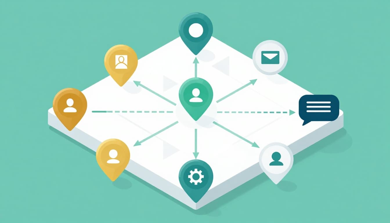 A modern clean tech infographic in hybrid minimalist 3D isometric style featuring a map grid of service areas with location pins connected to a conversion funnel path, chat bubbles, and appointment icons on a white background with subtle shadows and high clarity.