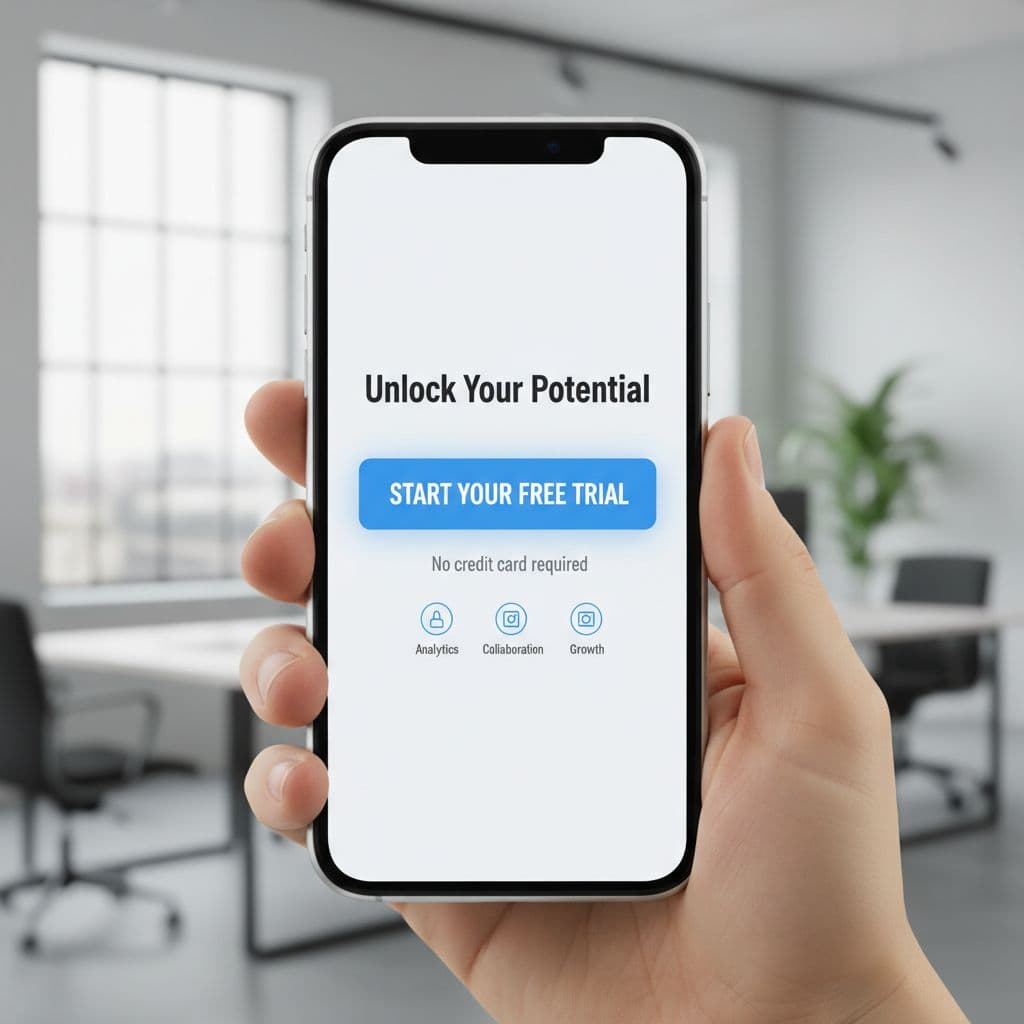 Close-up of bright action button on minimalist mobile website with blurred office background.