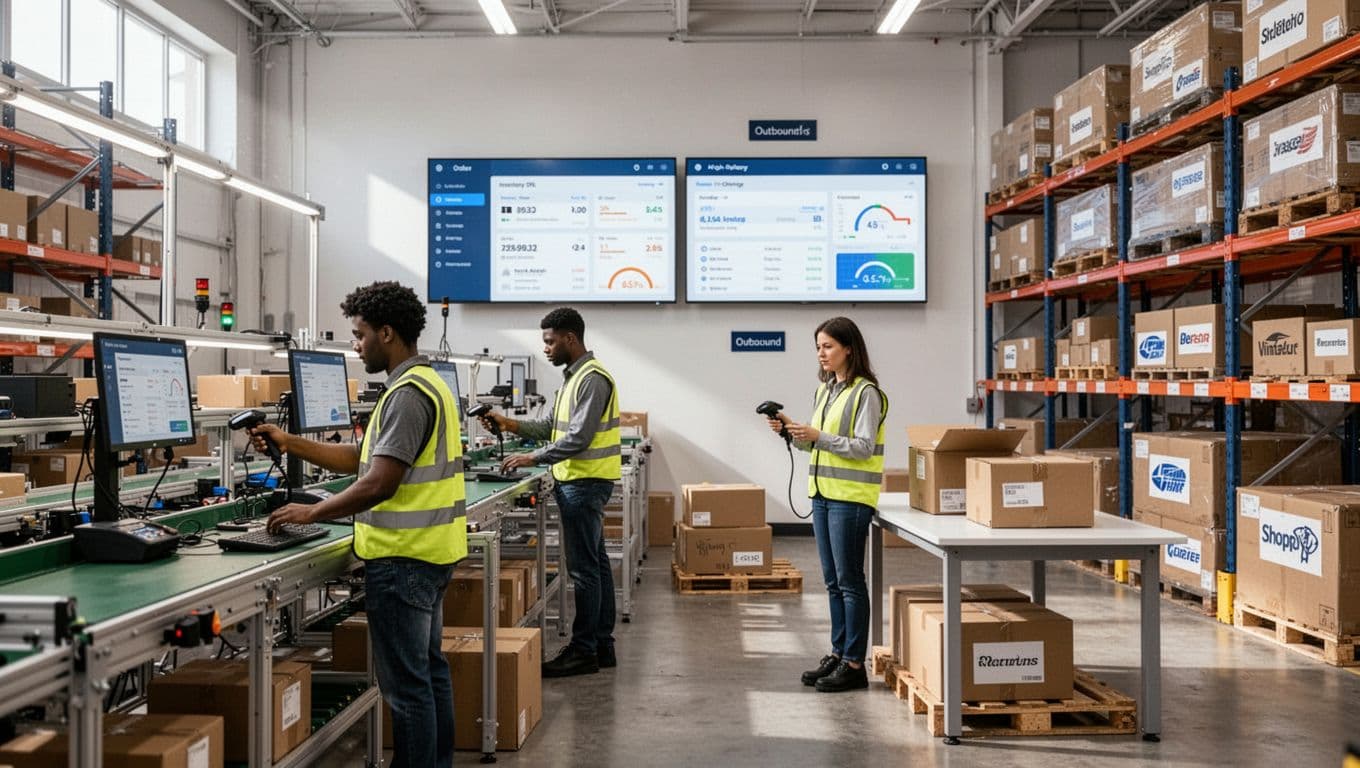 Interior of a modern 3PL fulfillment warehouse showing two workers using barcode scanners at picking stations, wall-mounted digital dashboards with order reports and inventory levels, labeled shipping pallets, and returns processing table with inspected boxes.