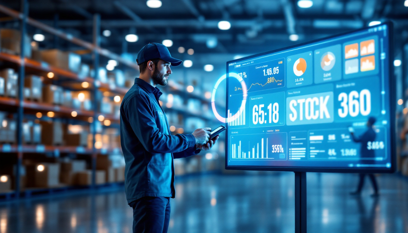 Modern 3PL warehouse with digital dashboard displaying live inventory tracking. A warehouse worker scans items while shelves are neatly stocked, showing an efficient, tech-enabled environment. Image created with AI.