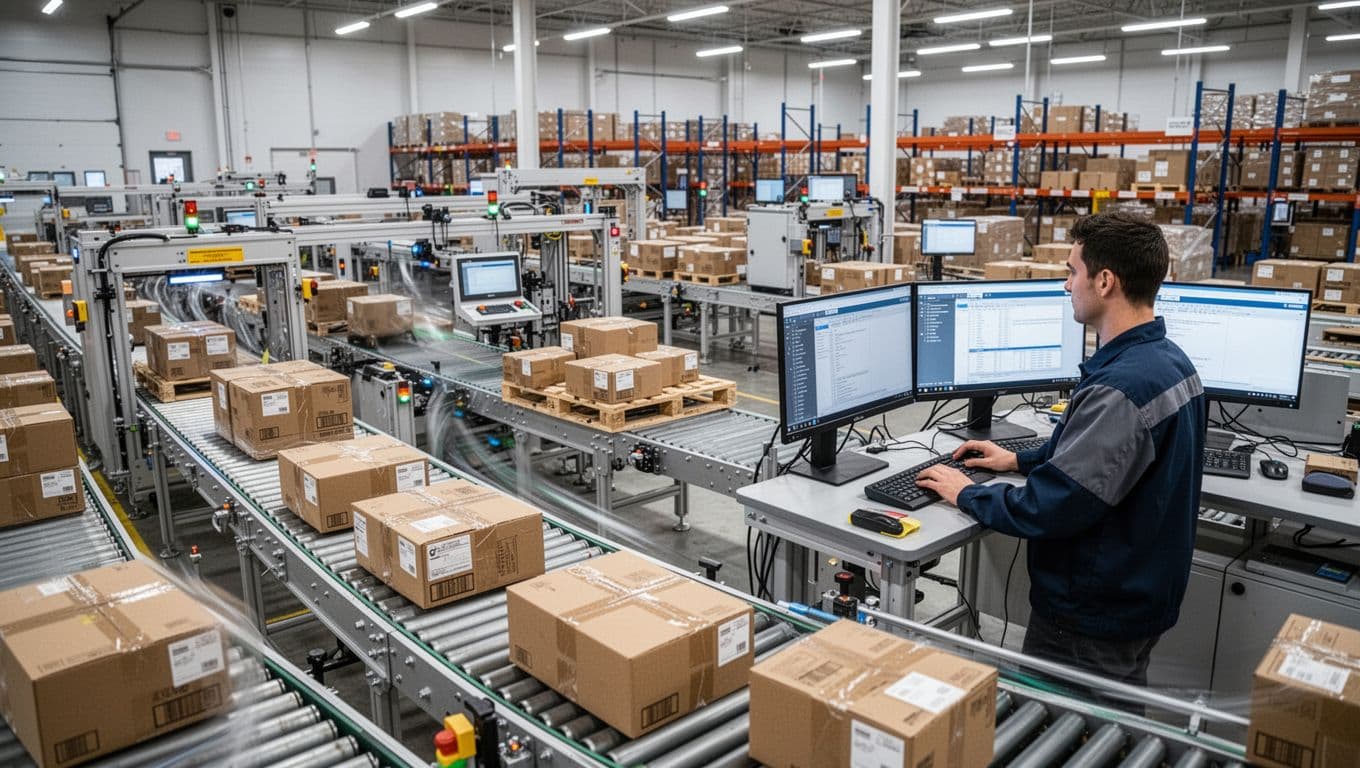 Photorealistic image of a modern efficient warehouse with an automated outsourced packaging line, featuring high-volume conveyor belts moving neatly packed boxes in a clean organized space, with one technician monitoring screens.
