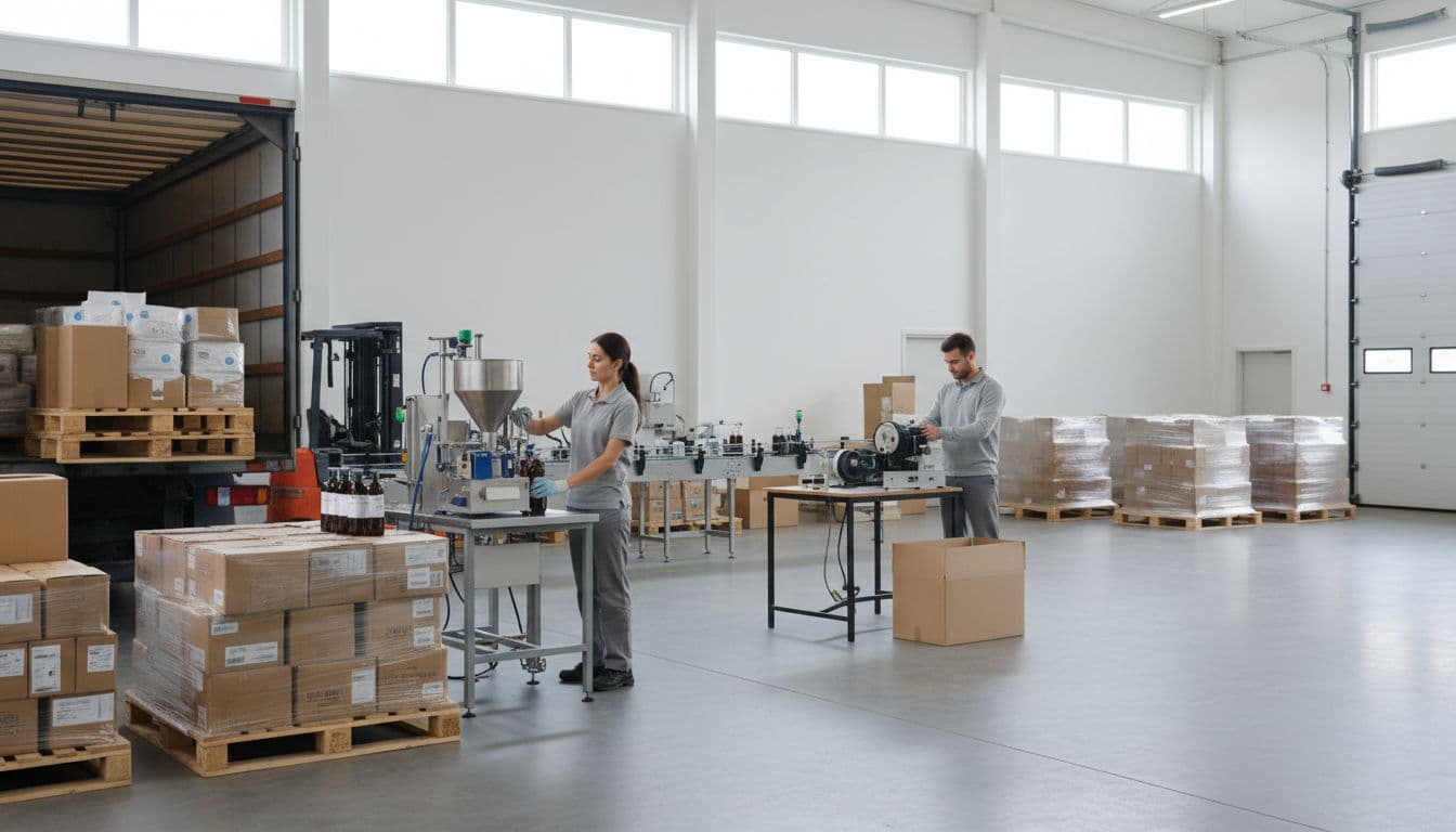 Modern co-packing warehouse interior showing the packaging workflow sequence from receiving materials via truck, production line with two workers at filling and labeling stations, to packing cases and palletizing for shipment. Realistic industrial photograph style with even daylight lighting from large windows, wide landscape composition.